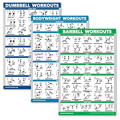 QuickFit 3er-Pack – Hantel-Workouts + Bodyweight Übungen + Langhantel-Übungen – Set mit 3 Trainingstabellen, laminiert, 18 x 27