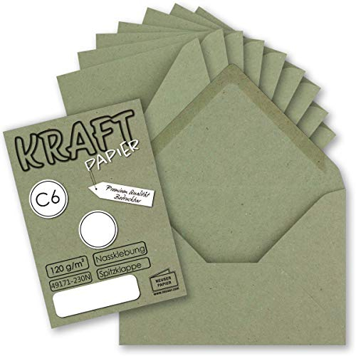 50x Kraftpapier Umschläge DIN C6 Grün - 11,4 x 16,2 cm ohne Fenster - Vintage Briefumschläge mit Nassklebung Spitzklappe - NEUSER PAPIER