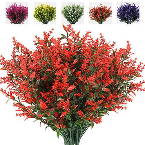 RECUTMS Artificial Lavender Flowers Plants 8 Bundles UV Resistant Faux Outdoor Plastic Greenery Shrubs Plants Hanging Planter Kitchen Home Wedding Office Garden Decor (Orange Red)