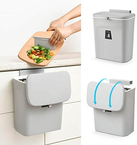 SUBEKYU Pattumiera per compostaggio da 2,4 gal sigillato, da appendere per cucina, porta con coperchio, piccolo sotto il lavandino bidone della spazzatura per bagno, da parete, in plastica (grigio)