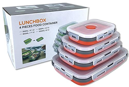 Zusammenklappbarer Aufbewahrungsbehälter aus Silikon mit Deckel, tragbarer Bento-Box zum Platzsparen, Mikrowelle und Gefrierschrank, 4er-Set, Rot
