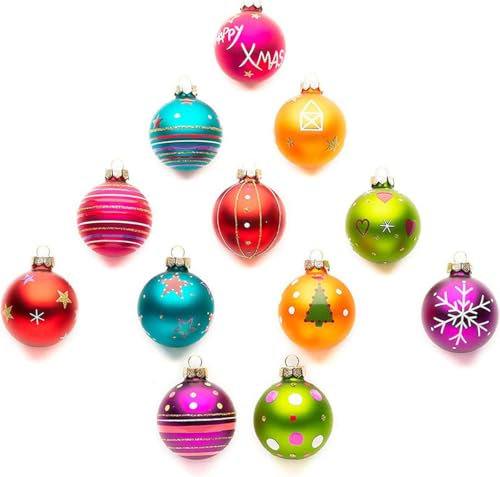 feiermeier® Inge Glas 12 Stück handbemalte Christbaumkugeln Einzelstücke in Aufbewahrungsbox – ø 60 mm – Happy X-Mas– Designer-Kugeln Mille Fiori