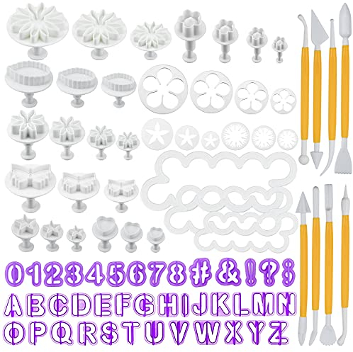 84 Stück Fondant Ausstecher, DIY Backen Fondant Set Ausstechformen Zahlen Buchstaben Rose Blume für Torten Deko