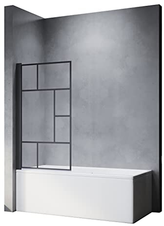 SONNI Mampara Bañera Negra Abatible Cuadros 180°NANO Cristal Templado 80x140cm, con Perfil Negro