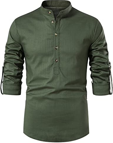 LucMatton Herren Baumwolle Retro Stil Roll-up Langarmshirt Casual Leinenähnliche Henley Tops, grün, M