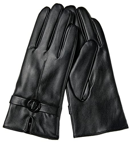 FCHITOP Damen Winter Touchsreen Lederhandschuhe PU Warme Kaschmirfutter Outdoor Freizeit Handschuhe Elegant Elastisch Slim Fit Winterhandschuhe (8)