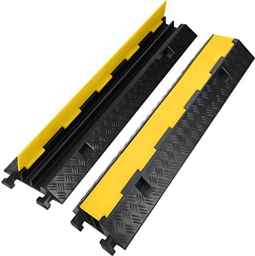 NAIZY Pont de Câble 4X Canal de Sol en Caoutchouc Canal de Câble Extérieur Tapis de Protection des Câbles avec Couvercle Canal de Câbles Pliable Antidérapant, Noir+Jaune