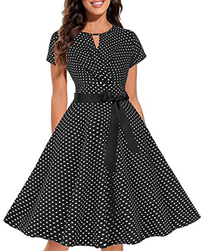 LANSKIRT Robe Rétro Vintage Femme Année 40 50 60 Une Ligne De Cocktail BalançOire Imprimée avec Ceinture Plissé Manches Courtes pour Mariage Invité