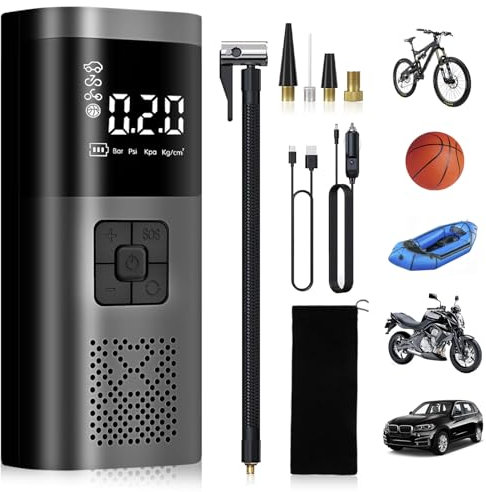 BAKTH Inflador Ruedas Coche 6000mAh, 150PSI Mini Bomba de Bicicleta Eléctrica con 4 Boquillas de Inflado, Compresor Aire Portatil para Coche, Bicicleta, Motocicleta, Pelota, Accesorios Coche