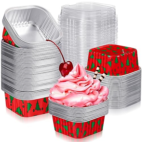 Suttmin Lot de 100 gobelets de Noël carrés en aluminium avec couvercles - 140 ml - Mini ramequins jetables pour fête de Noël (rouge, vert, sapin de Noël)