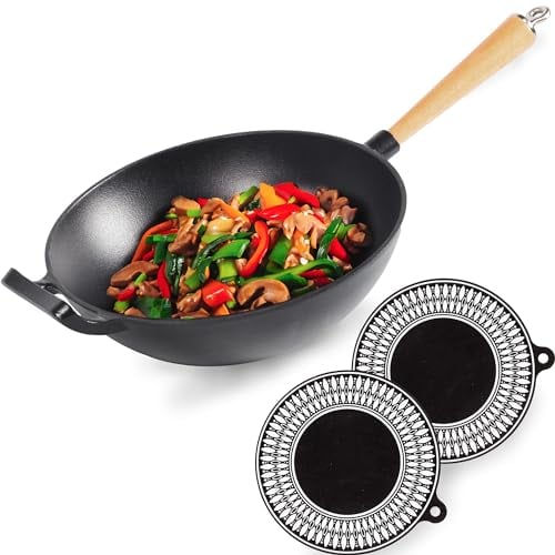 Chefarone Wok Gusseisen mit Emaille-Beschichtung - Gusseisenpfanne Induktion mit abschraubbarem Holzgriff - Wokpfanne Gusseisen - Grillpfanne Induktion 30cm Durchmesser