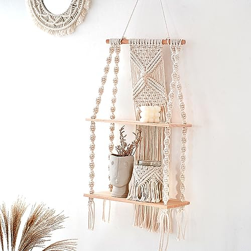 XQZMD Wandregal Holz, Makramee Wandbehang Regal Wand Dekorationen Modern, Handgewebte Schweberegal, Makramee Deko Wandregale für Wohnzimmer Schlafzimmer Balkon, Doppelschicht