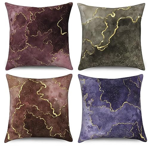 ASDCXZ Marmor Kissenbezug 40x40 cm 4er Set, Modern Lila Rot Grau Gold Marmor Optik Sofa Dekokissen Kissenbezüge Kissenhülle Waschbar Polyester Flachs Textil Polster Kopfkissenbezug Kissen Bezug