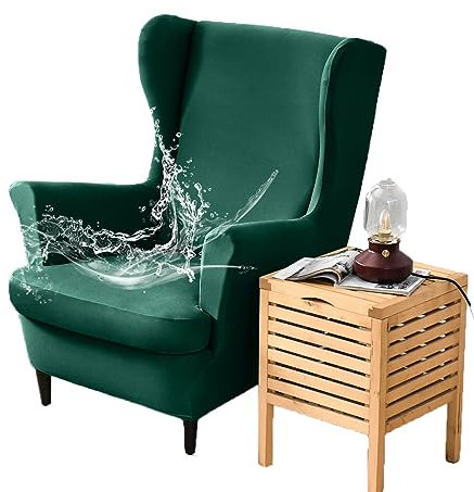 Fansu Funda de Sillón de Orejero Elástica, Impermeable Color sólido Relax Funda de Sofá con Funda de Cojín 2-Piezas, Fundas Protector de Butaca para Strandmon, Dormitorio Recepción (Verde Oscuro)