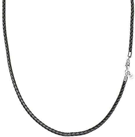 Viwind Echt leder Halskette Lederkette 2.9mm breit geflochten Lederband ketten 45-65cm wählbar 925 Sterling Silber Verschluss Damen Herren für DIY Anhänger Mit Geschenkbox (45cm, Grau-Schwarz)