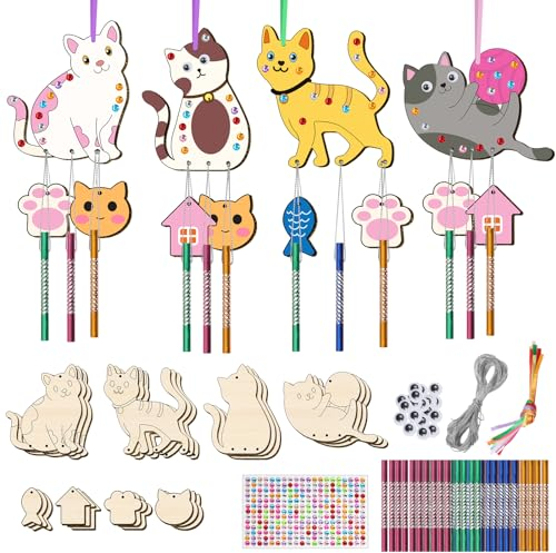 Nourdom Windspiel Bastelset Kinder, 12 Stück Holz Katzen Kreatives Klangspiel Bastelhandwerk Töne Basteln Holzspielzeug zum Bemalen für Mädchen Jungen Geburtstag Geschenk