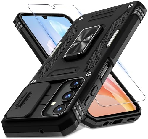 DEERLAMN Case for Samsung Galaxy A15 5G with Slide Camera Cover+Screen Protector (1 Pack), Rotated Ring Kickstand Military Grade Shockproof Protective Cover-Black | Built-in Slide Camera Cover Military Grade Drop Protection Rotated Ring Kickstand Shockproof Protective Phone Case