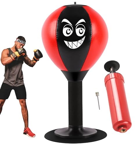 STFALI Punching Ball, Punch Ball Table with Feathers, Suction Cup for Stress Relief for Boss, Colleagues, Friends, 18 x 17.5 x 37 cm (Red/Black)