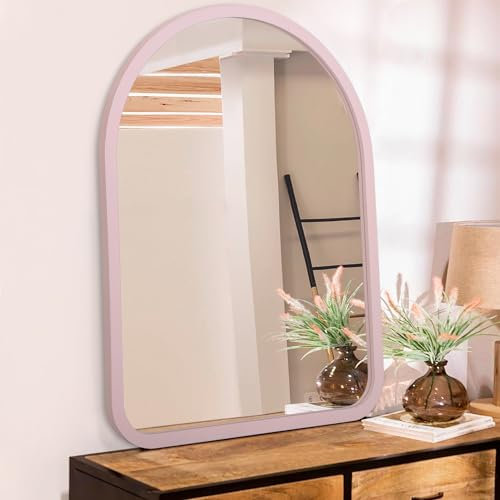 HLFMVWE Specchio ad arco in legno per bagno, 40 × 30 cm, specchio rustico antico ad arco per decorazione da parete bagno casa colonica specchio con cornice in legno per ingresso e soggiorno rosa
