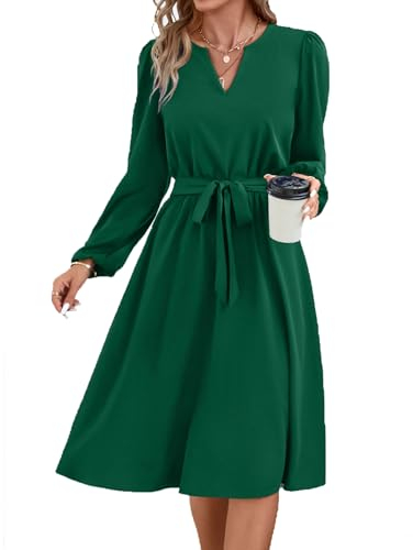 Yageshark Kleider für Damen Midikleid Langarm V-Ausschnitt Einfarbige Hemdkleid Elegant Casual Frauen Tunika Kleid (Grün,S)