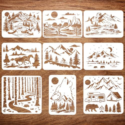 FINGERINSPIRE 9 Stück Landschaftsmalerei Große Schablone 21x29.7 cm 30x30 cm Berge Wälder Wölfe Pferde Häuser Autos Bären Mensch Schablone Naturthemen Sprühen Große Schablone Für DIY Holzbodenfliesen