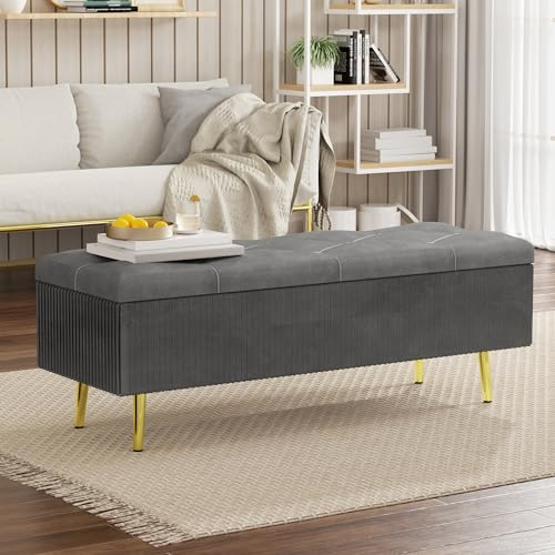 T Triple Maple Sitzbank mit Stauraum, 100cm T x 40cm B x 45cm H, Samt Bank mit Stauraum, für Schlafzimmer, Wohnzimmer, Flur und Kleidersaal, grau