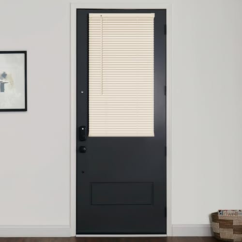 LazBlinds 1 Vinyl Mini Blinds for Doors, Cordless French Door Blinds for Privacy, Light Filtering Privacy Horizontal Shades for Front Door Patio Sidelight Glass Door, 15 3/4 W x 40 H, Beige