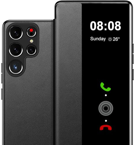 Case for Samsung Galaxy S23 Ultra Case S View, Clear View Flip Folio Premium Leather & Hard PC for Samsung Galaxy S23 Ultra Phone Case, Luxury Anti-Scratch Flip Case for Samsung S23 Ultra (Black)