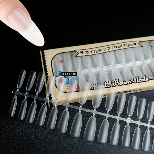Sun&Beam Nails Clear Nail Tips – Full Cover Acrylic False Nails for Nail Art & Extensions 15 Sizes 240 Pcs (Long Oval)