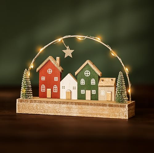 Marco Paul - Grande illuminazione a LED con villaggio di Natale, case illuminate bianco caldo, pre-illuminate, albero di Natale, stella, ornamento per la casa, decorazione in legno, scena invernale,