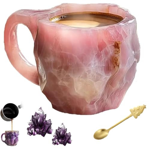 Mineral Crystal Coffee Mugs, Crystal Coffee Mugs with Coffee Spoon, Mineral Crystal Coffee Mug 400ml with Handle, Onyx Novelty Cute Mineral Coffee Mug, Crystal Mugs for Coffee & Milk &Tea pink 1pcs