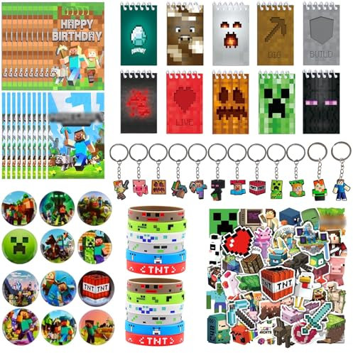 116 Pcs Jeux vidéo Cadeau Anniversaire Enfants, Fournitures de Fête Enfants, Jeu Vidéo Fête Anniversaire Cadeau avec Porte-clés Carnet Autocollants Bracelet Badge Sac Cadeau, Miner Party Faveurs