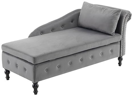 Chaiselongue-Sofa aus Samt mit Stauraum, gepolsterte Chaiselongue-Couch mit Kissen für das Wohnzimmer, moderner Loungesessel mit Nagelkopfbesatz&Knopfheftung, Schlafzimmer&Büro, rechte Armlehn (Grau)
