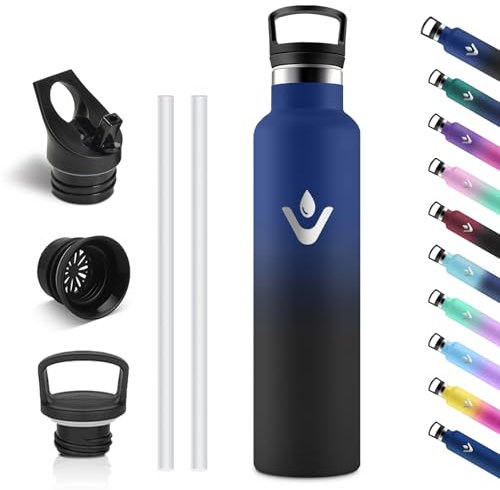 Vikastar Gourde Isotherme, 1 Litro Anti-Fuite, Bouteille Isotherme, sans BPA, Gourde Inox, Réutilisable,Gourde Isotherme 1L pour Fitness, École, Sport, Cyclisme, Bleu Foncé & Noir