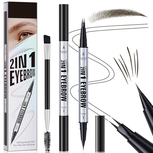 Microblading Eyebrow Pen, Dual-Ended Eyebrow Pencil, 3D Waterproof Liquid Eye Brow Pencil with 2 Micro-Fork-Tip and & Spoolie Brush, Create Natural Hair-Like Defined Brows, Last All-Day (Black Brown)