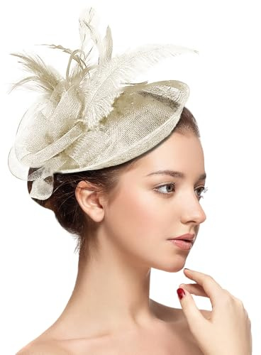 SINSEN Fascinator für Hochzeiten, Frauen, Feder-Blume, Netz, Fascinator, Hut, Stirnband mit Haarspange, Braut, Damen, Gäste, Hut für Party, Kirche, Cocktail, Abend, Abschlussball, cremefarben