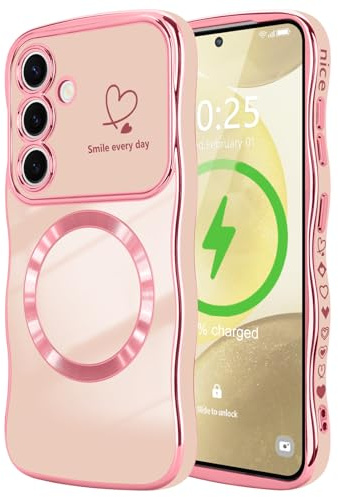 LCHULLE Coque Compatible avec Samsung Galaxy S24 Magnétique Coque avec Protection de Caméra Motif Coeur Forme Ondulée Bouclée Galvanisé Case pour Samsung S24 Rose
