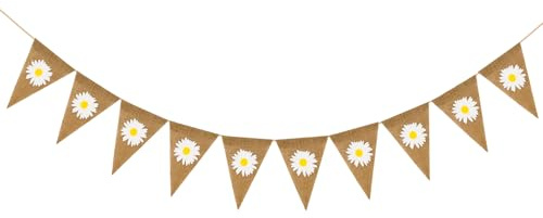 jijAcraft 12PCS Daisy Hessian Bunting: Reusable Daisy Jute Burlap Banner | 13x17CM Rustic Daisy Triangle Banner for Birthday, Wedding, Baby Shower Decorations (3M)