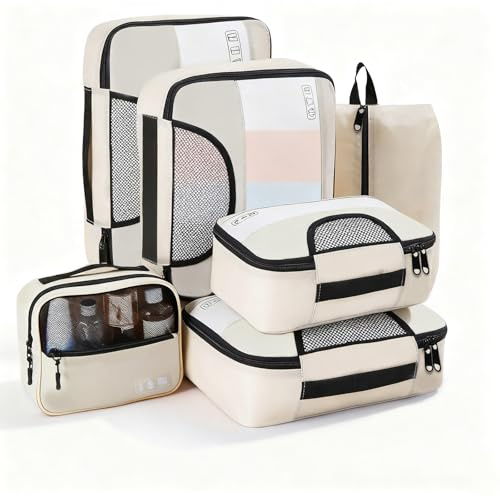 6-teiliges Koffer Organizer Set, Packwürfel aus 600D Oxford Stoff & EVA mit großem Volumen, Formstabile Reise Organizer Set für Koffer & Rucksack, Packing Cuebs für Kleidung, Schuhe & Kosmetik, Beige