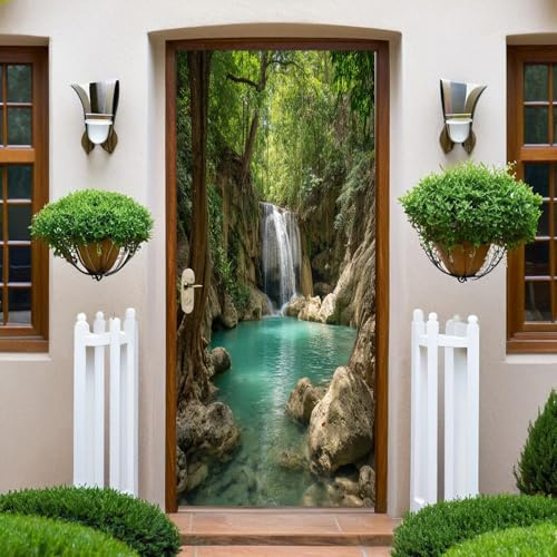 GrüNe BäUme Türtapete Selbstklebend Park Wasserfall TürPoster 90x200 cm Fototapete Türfolie Poster Tapete Abnehmbar Wandtapete für Wohnzimmer Küche Schlafzimmer Bad Deko