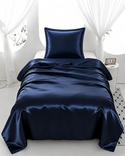 Morbuy Satin Bettwäsche 135x200, Kühlende Bettwäsche Dunkelblau Bettwäsche-Sets Seidig Bettbezug 135 x 200 mit Reißverschluss, 1 Kissenbezüge 80x80