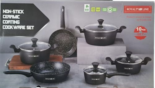 Royalty Line - Set di pentole per cottura a induzione, 10 pezzi, con manico in silicone rivestito in marmo, colore nero