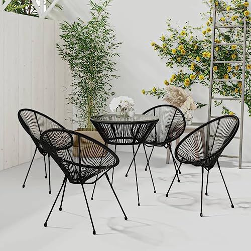 Holamys 5-TLG. Garten-Essgruppe Schwarz, Rundes PVC-Rattan, Glasplatte, Pulverbeschichteter Stahl, 70cm Tisch, Outdoor Möbel Set für Terrasse, Balkon & Garten