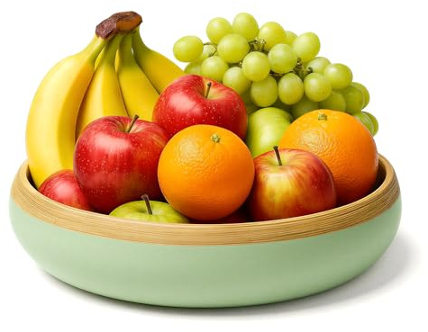 Jungle Culture® Large Bamboo Fruit Bowl 30cm – Natural Wooden Salad Serving Bowl – Sustainable Homeware – for Kitchen Worktop or Dining Table – Handcrafted Salad Bowl in Sage Green – Summer BBQ