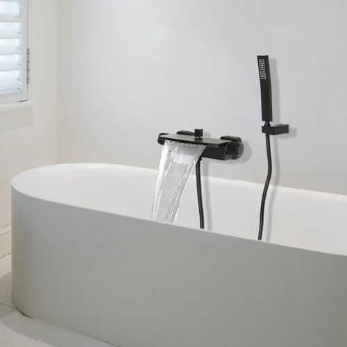 Badewannenarmatur Badewanne Armatur Wasserfall Wasserhahn Badewanne Dusche HeißE Kalte Wasserhahn Armatur Handbrause Messing Badewannenarmaturen FüR HäUsern, Hotels, Pensionen (Mattes Schwarz)