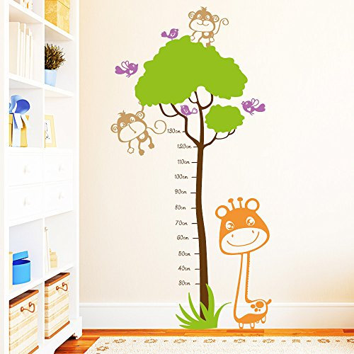 Wandtattoo-Loft Maßband Messlatte Giraffe mit Äffchen und Vögeln Wandaufkleber/farbig