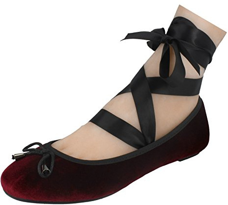 Spot On Ladies Tie Up Leg Flat Ballerinas - Burgundy Velvet - UK Size 7 - EU Size 40 - US Size 9
