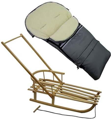 Rawstyle *KOMBIPAKET* HOLZSCHLITTEN mit Rückenlehne incl. Zugleine + WINTERFUSSSACK 3 in 1 aus Lammwolle für Kinderwagen Wolle Kinderschlitten (Dunkelgrau)