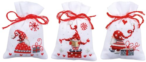 Vervaco Zählmusterpackung Stickset Säckchen Wichtel 3er DIY Gezählter Kreuzstich Stickpackungen Basteln Erwachsene Kreativ Set 8 x 12 cm Stickset für Anfänger Stoffbeutel zum Sticken