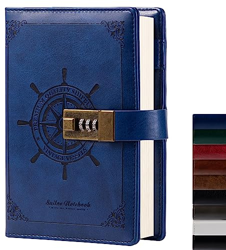 TIEFOSSI B6 Journal Vintage Brown Rudder Leather Journal Diary Notebook Three-Digit Password Combination Lock Creative Stationery (Blue)